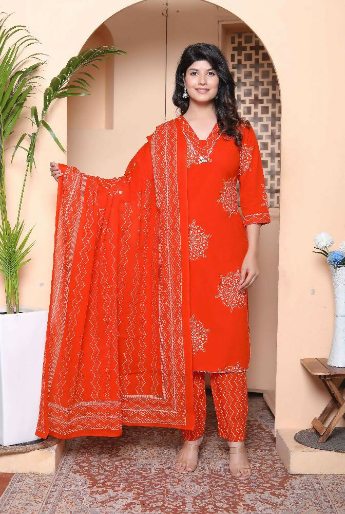 Miravan Womens Floral Printed Straight Fit Kurta With Palazzo And Dupatta - Orange | Grocsy