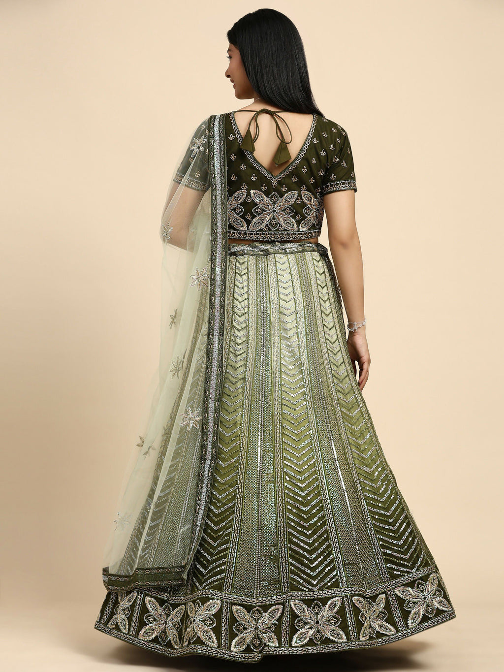 Green Fancy Net Sequence Embroidered Lehenga Choli with Dupatta - Dhara | Grocsy