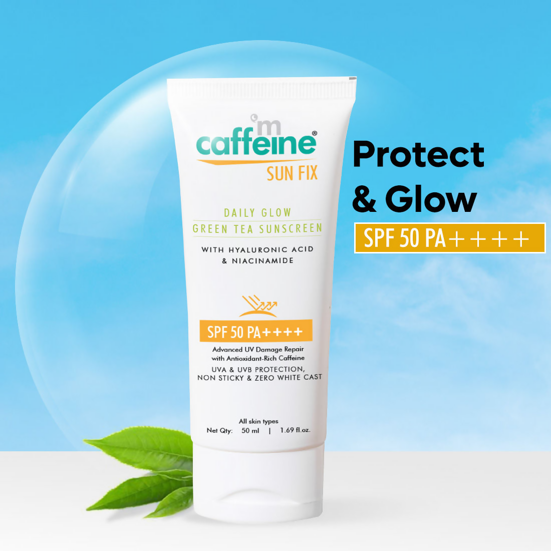 mCaffeine Daily Glow Sunscreen SPF50 PA++++ With Niacinamide & Green Tea | Grocsy