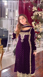 Joban Fashion Purple Velvet Sequence Embroidery Work Kurta Set | Grocsy