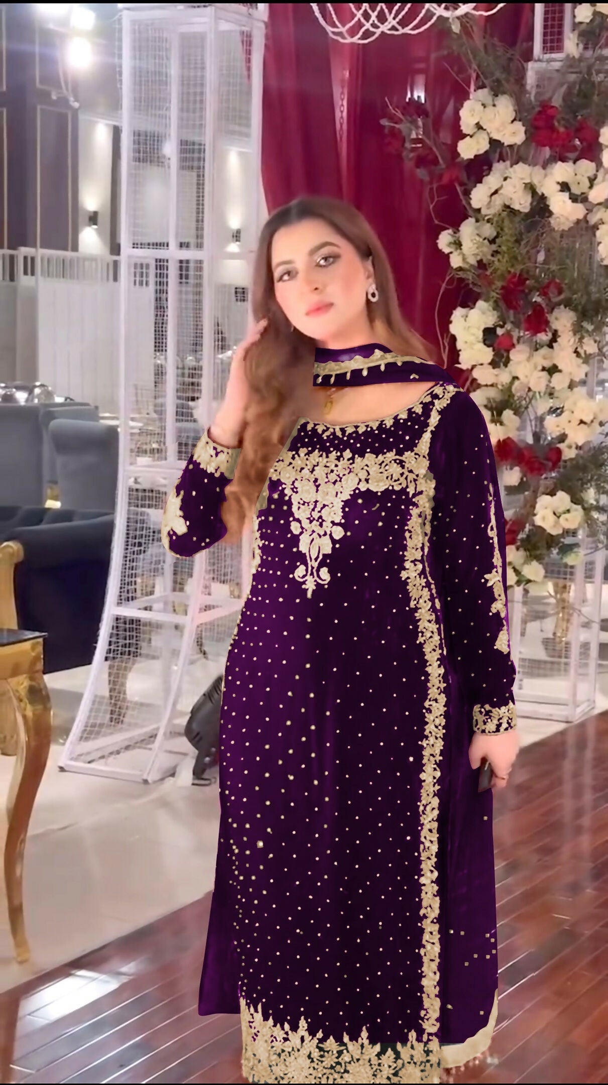 Joban Fashion Purple Velvet Sequence Embroidery Work Kurta Set | Grocsy
