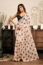 Vastranavya Cream Digital Printed Linen Ready To Wear Designer Saree with Unstitched Blouse | Grocsy
