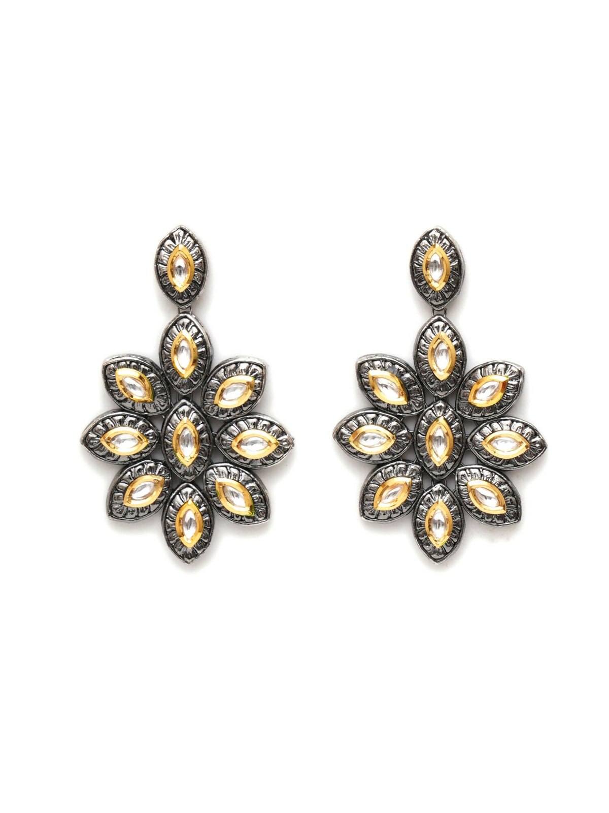 Dual Tone Kundan Flower Studs (silver) - Ruby Raang | Grocsy