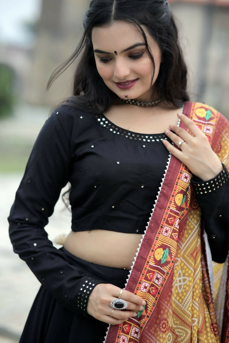 Vastranavya Navaratri Collection Gotta Patti Work & Blouse With Real Mirror Work Lehenga Choli - Black | Grocsy