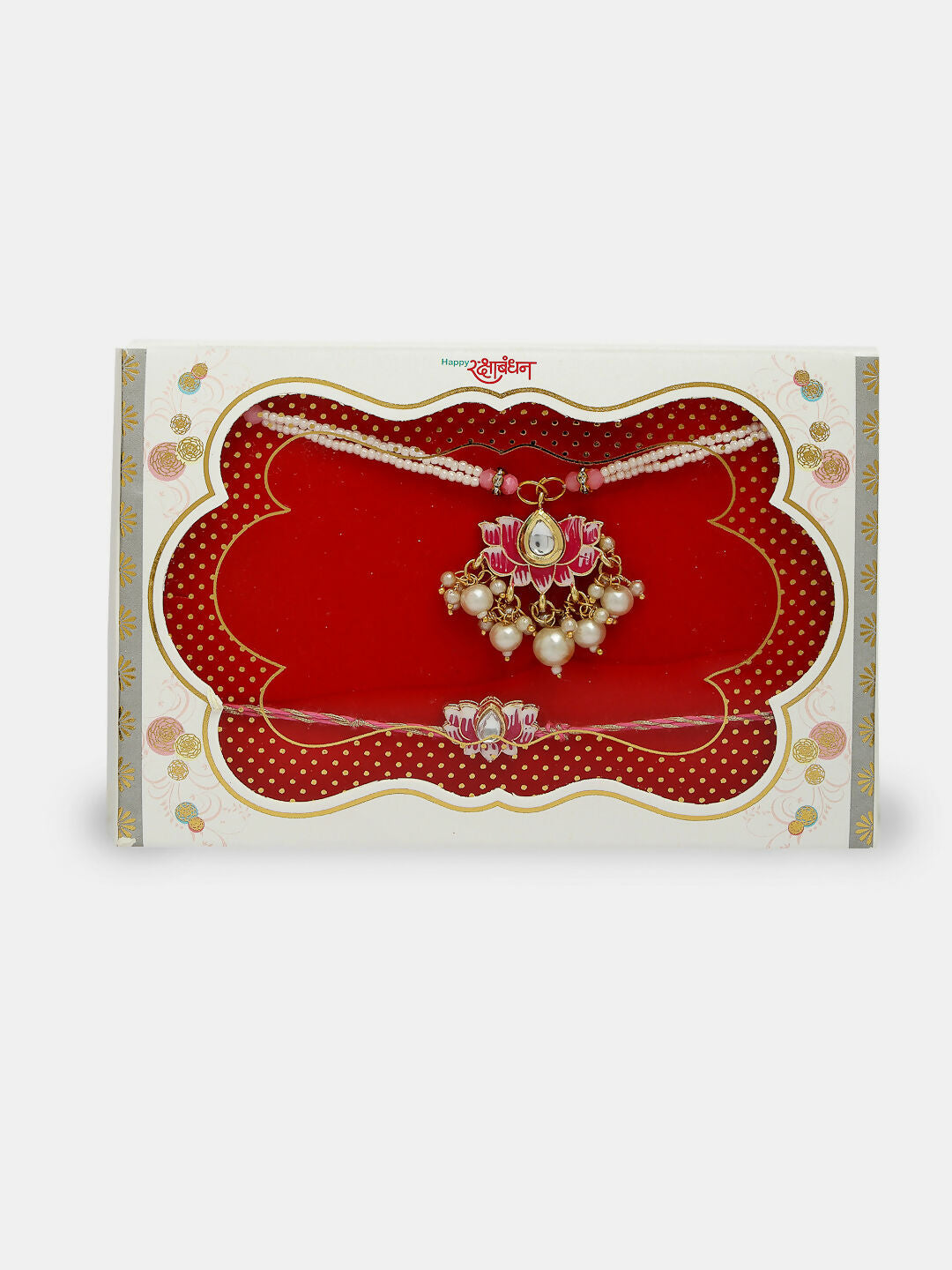 NVR Women & Men Set of 2 Pink Lotus Shape Kundan-Studded & Beaded Handcrafted Wraparound Rakhi Set With Roli Chawal | Grocsy