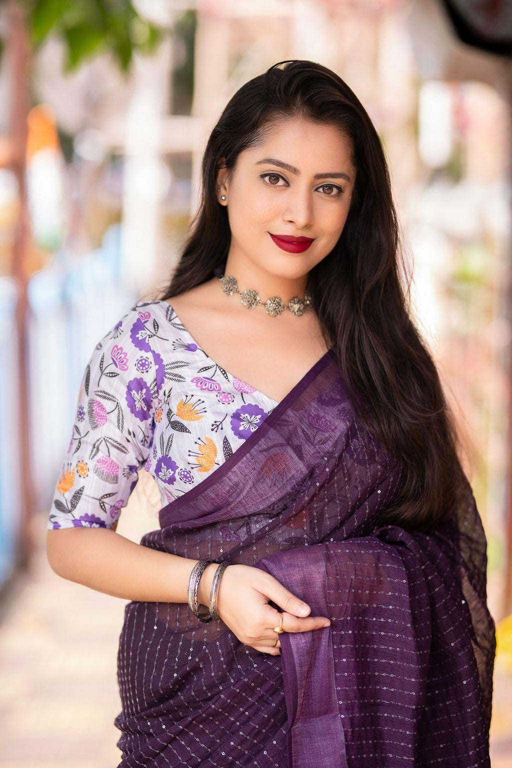 Purple Linen Sequence Saree with Unstitched Blouse - Hiral Fashion | Grocsy