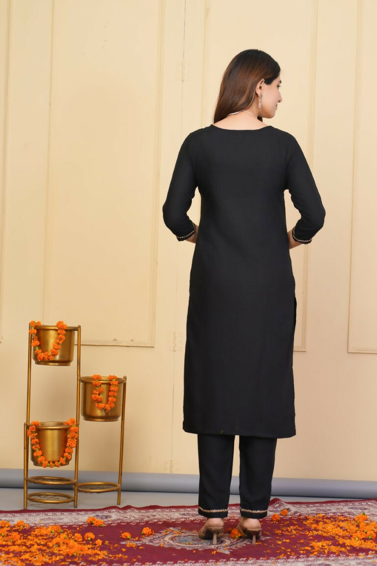 Black Rayon Slub Embroidered Stitched Suit With Dupatta - Tanisha | Grocsy