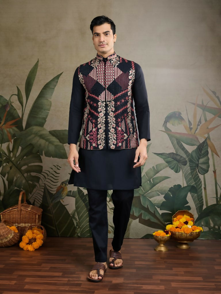 Vastranavya Black Exclusive Festival Viscose Silk Thread & Swarovski Embroidered Work Mens Wear Kurta & Koti | Grocsy