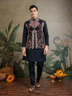 Vastranavya Black Exclusive Festival Viscose Silk Thread & Swarovski Embroidered Work Mens Wear Kurta & Koti | Grocsy