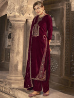 Jyoti Fashion Women's Maroon Velvet Floral Resham Thread with Jari work Kurta with Trouser & Dupatta | Grocsy
