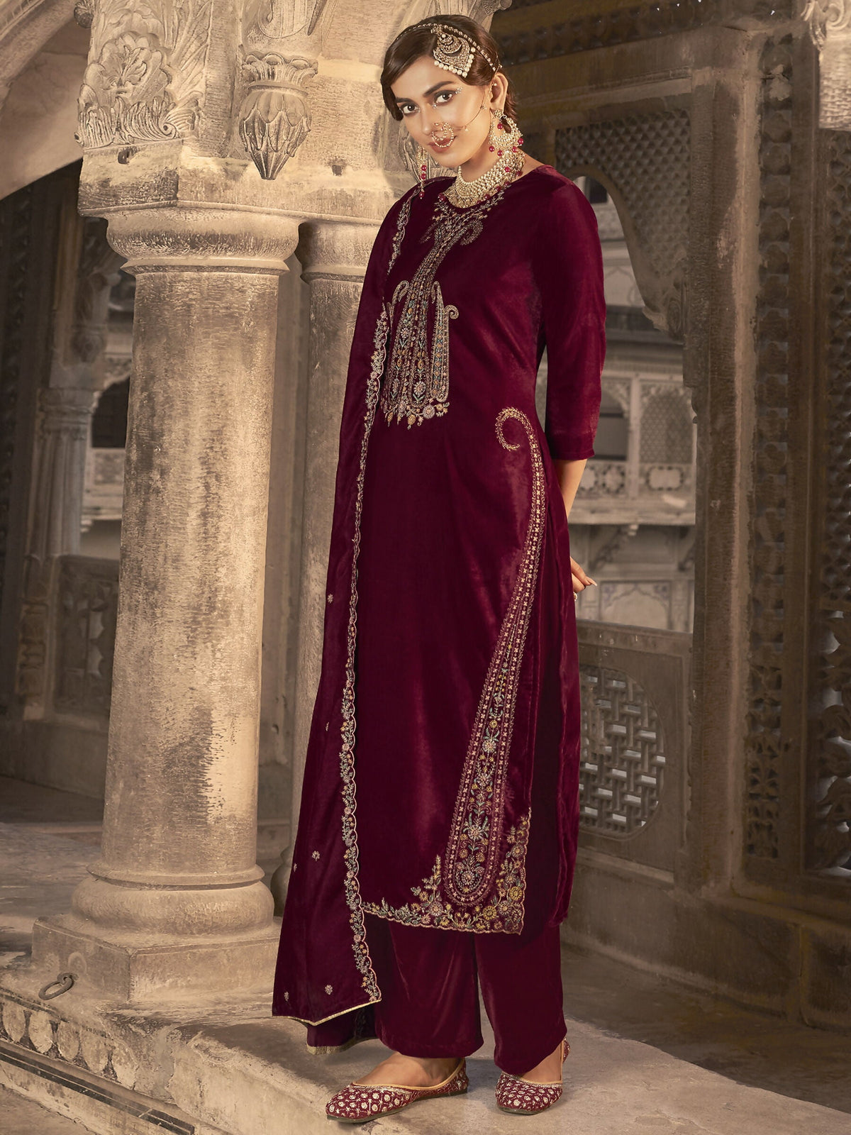 Jyoti Fashion Women's Maroon Velvet Floral Resham Thread with Jari work Kurta with Trouser & Dupatta | Grocsy