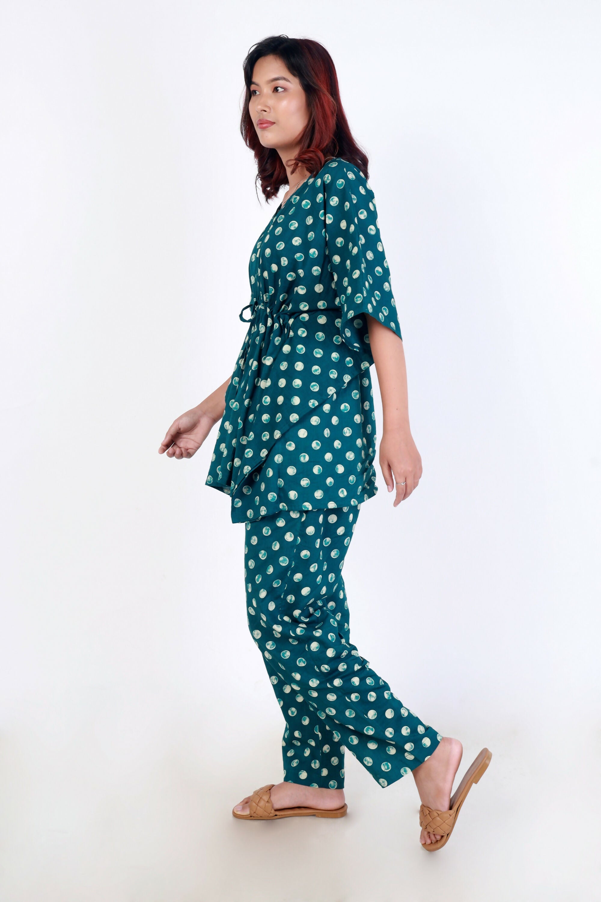 Breathables Green Polka Cotton Kaftan Co-Ord Set | Grocsy