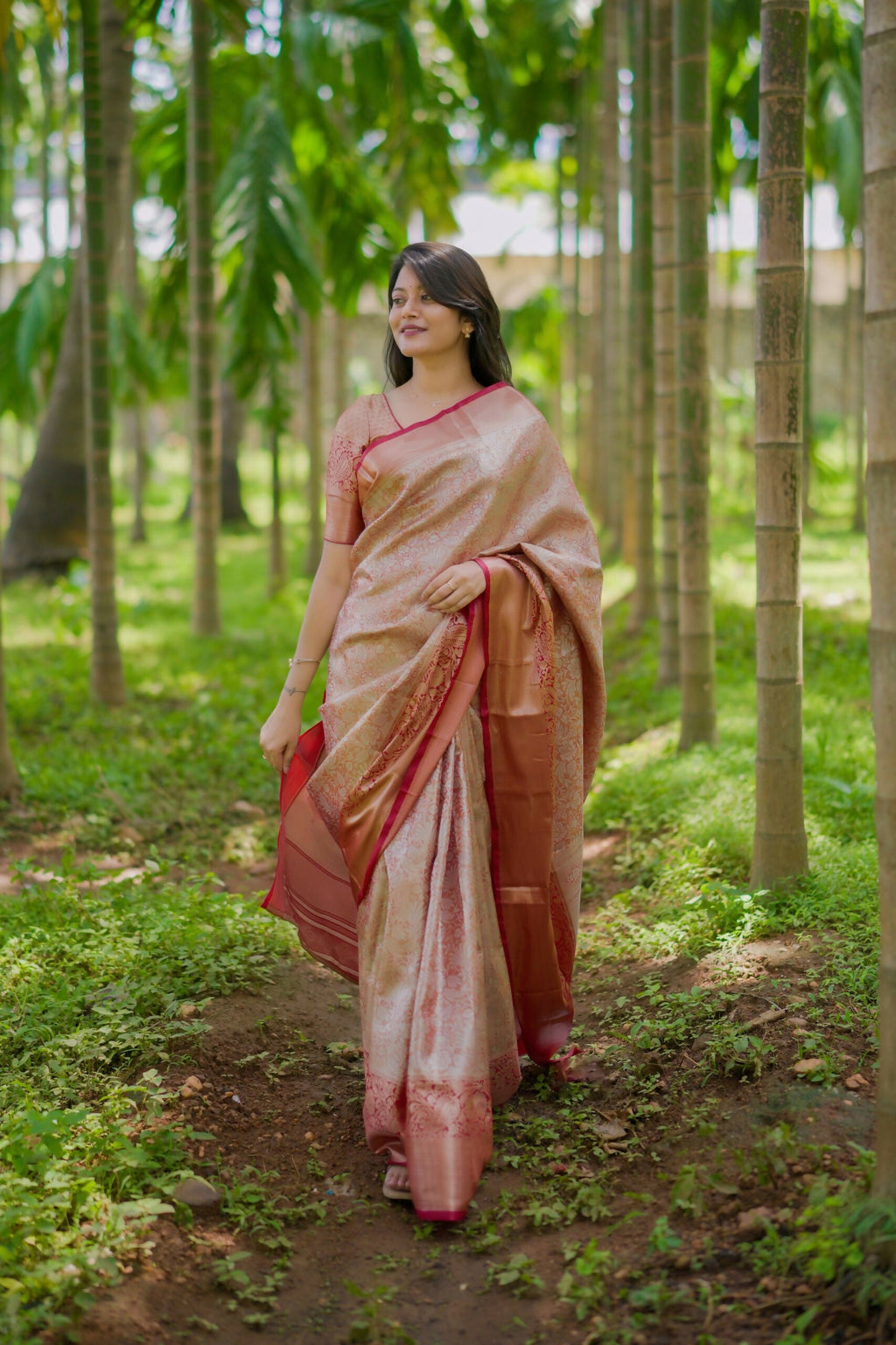 Prime Volt Bridal Kanchipuram Silk Saree with Rich Zari Weaving & Contrast Border-Orange | Grocsy