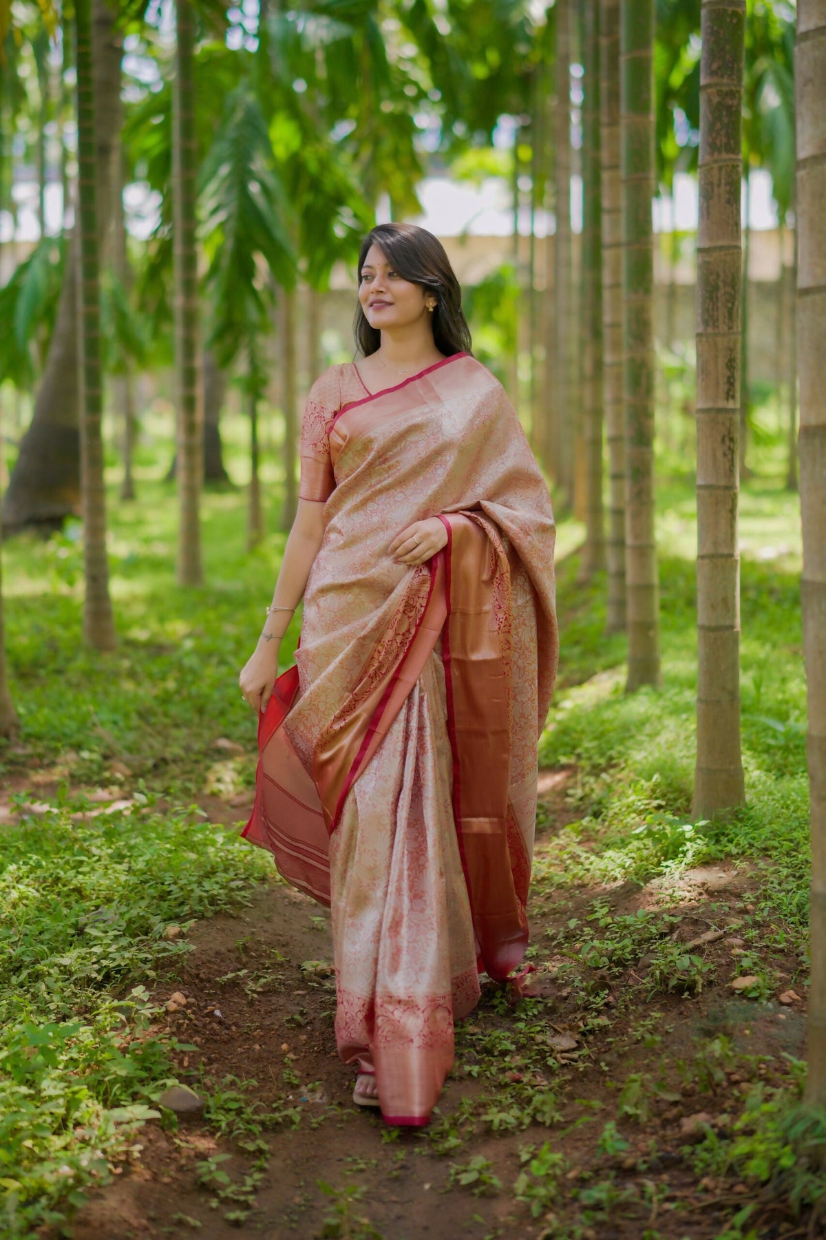 Prime Volt Bridal Kanchipuram Silk Saree with Rich Zari Weaving & Contrast Border-Orange | Grocsy
