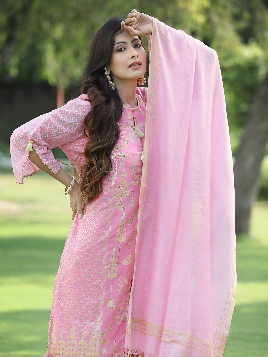 Juniper Pink Ethnic Motif Printed Georgette Kurta Pants & Dupatta Set With Tassels & Lace | Grocsy