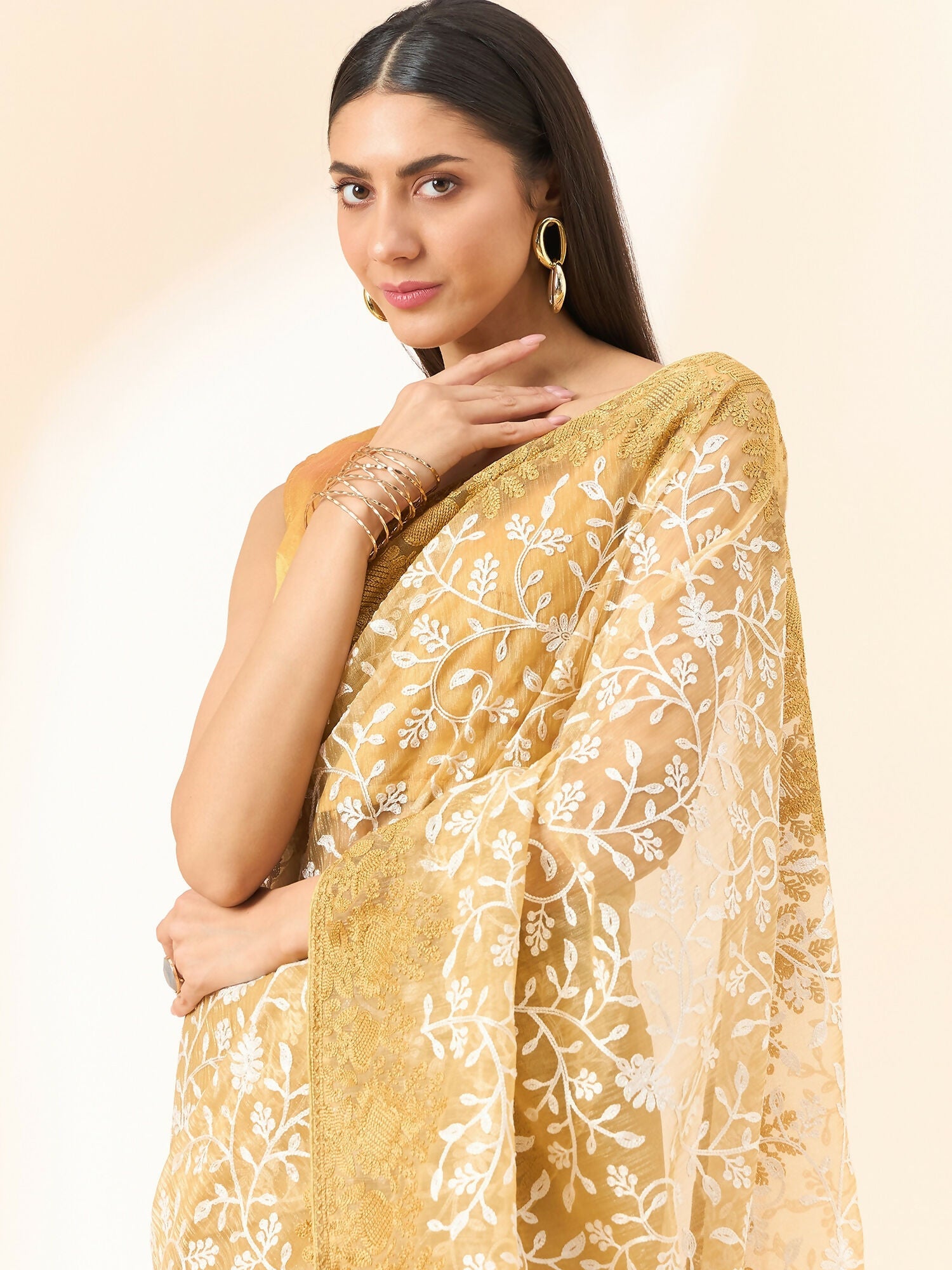 Beige Organza Floral Embroidered Saree with Unstitched Blouse Piece - Roozal | Grocsy