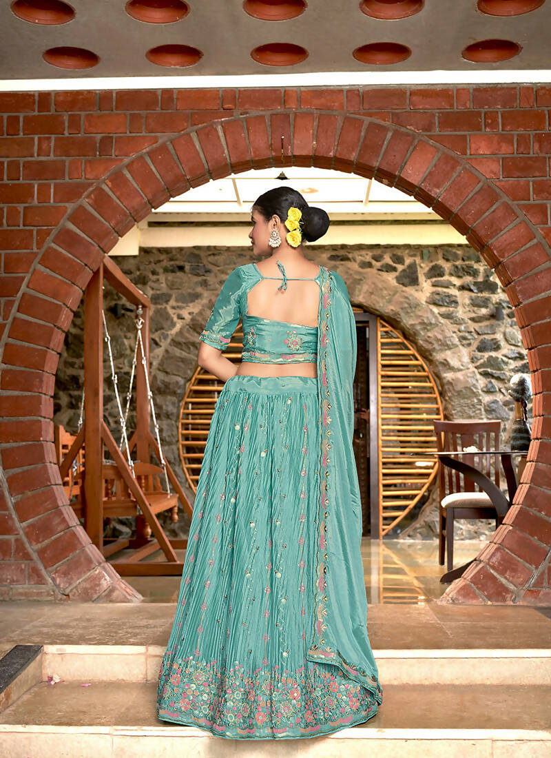 Sky Blue Chinon Crushed Sequence and Thread Embroidery Work Lehenga Choli with Dupatta - Viharini | Grocsy