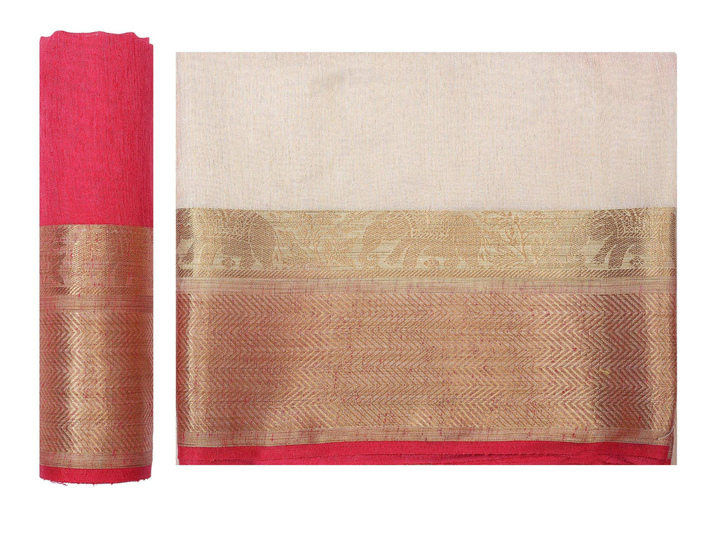 Mimosa Women's Beige Kanchipuram Linen Saree | Grocsy