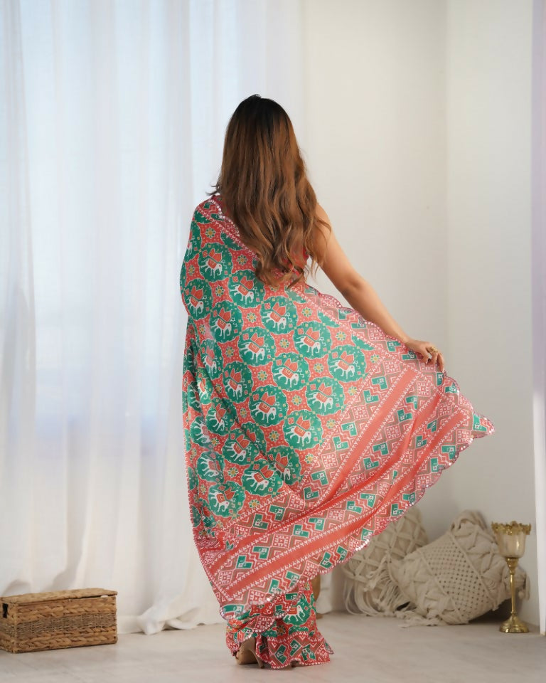 Green Chinon Designer Digital Printed & Mirror Cut Work Saree - Kriti | Grocsy
