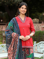 Juniper Women's Rust Thered Embroidered Rayon Kurta Sharara & Voile Dupatta Set | Grocsy