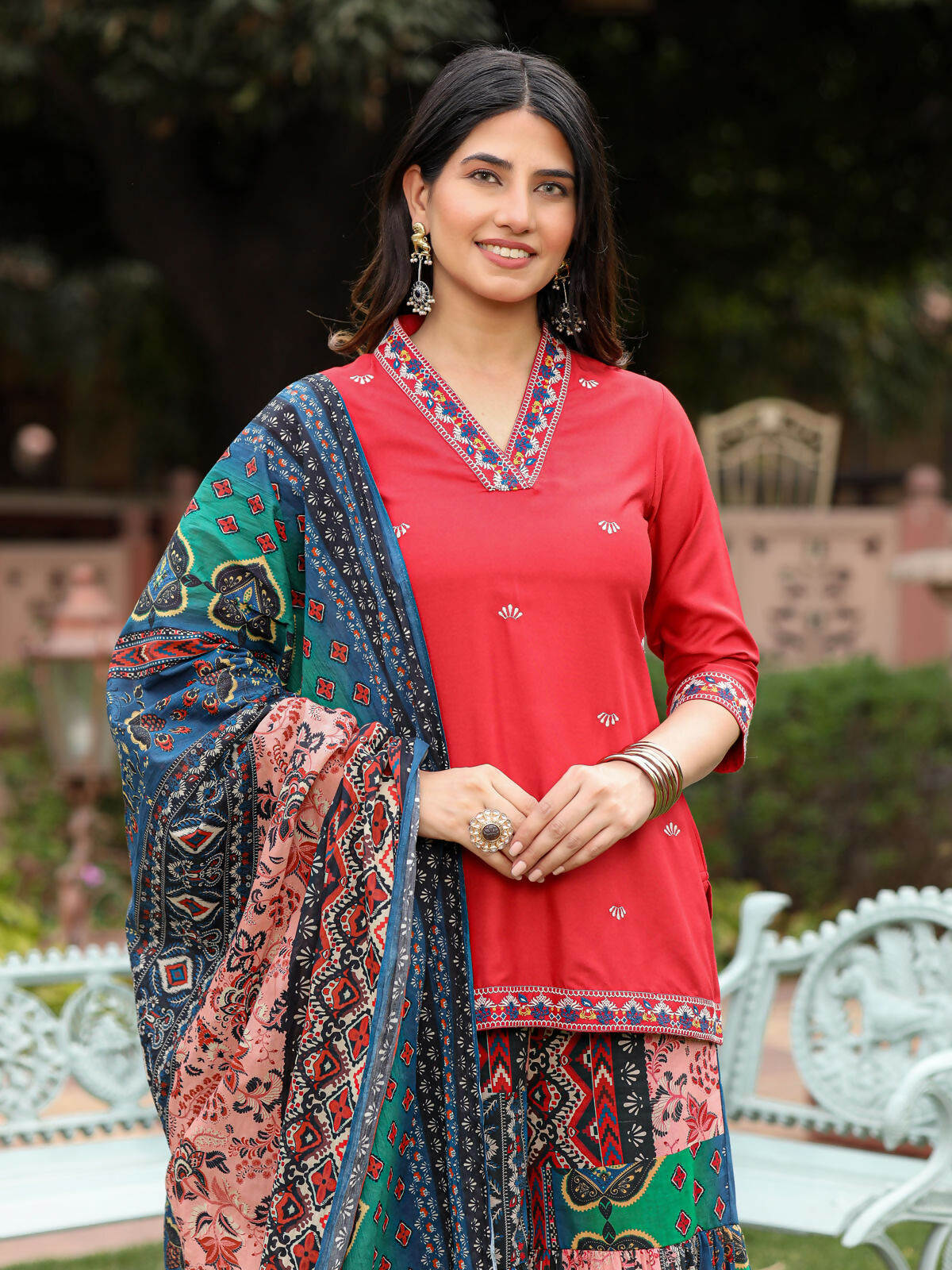 Juniper Women's Rust Thered Embroidered Rayon Kurta Sharara & Voile Dupatta Set | Grocsy