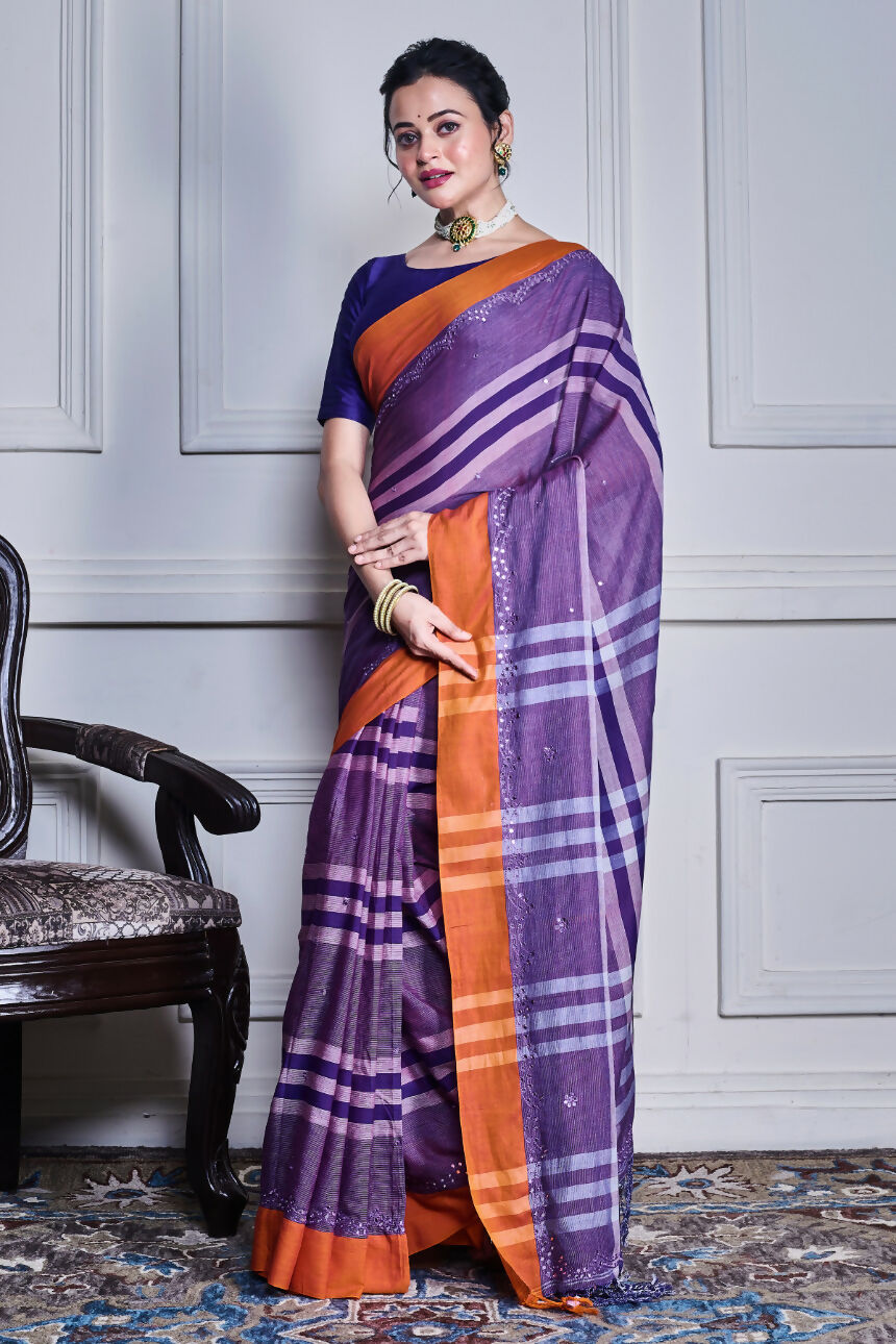 Morchari Purple Cotton Handloom Mirror Work Saree Unstitched Blouse | Grocsy