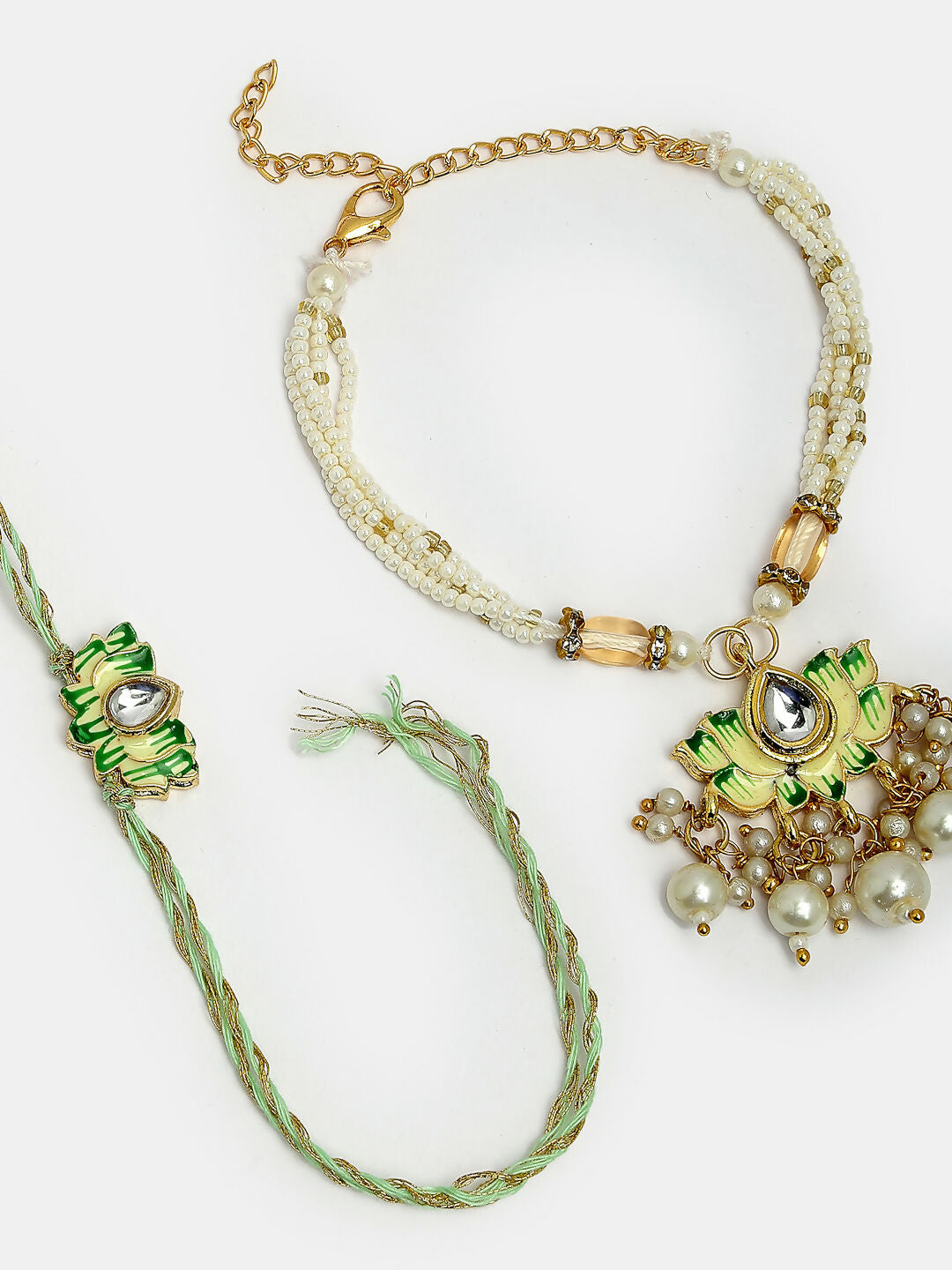 NVR Women & Men Set of 2 Green Lotus Shape Kundan-Studded & Beaded Wraparound Rakhi Set With Roli Chawal & Chocolate | Grocsy