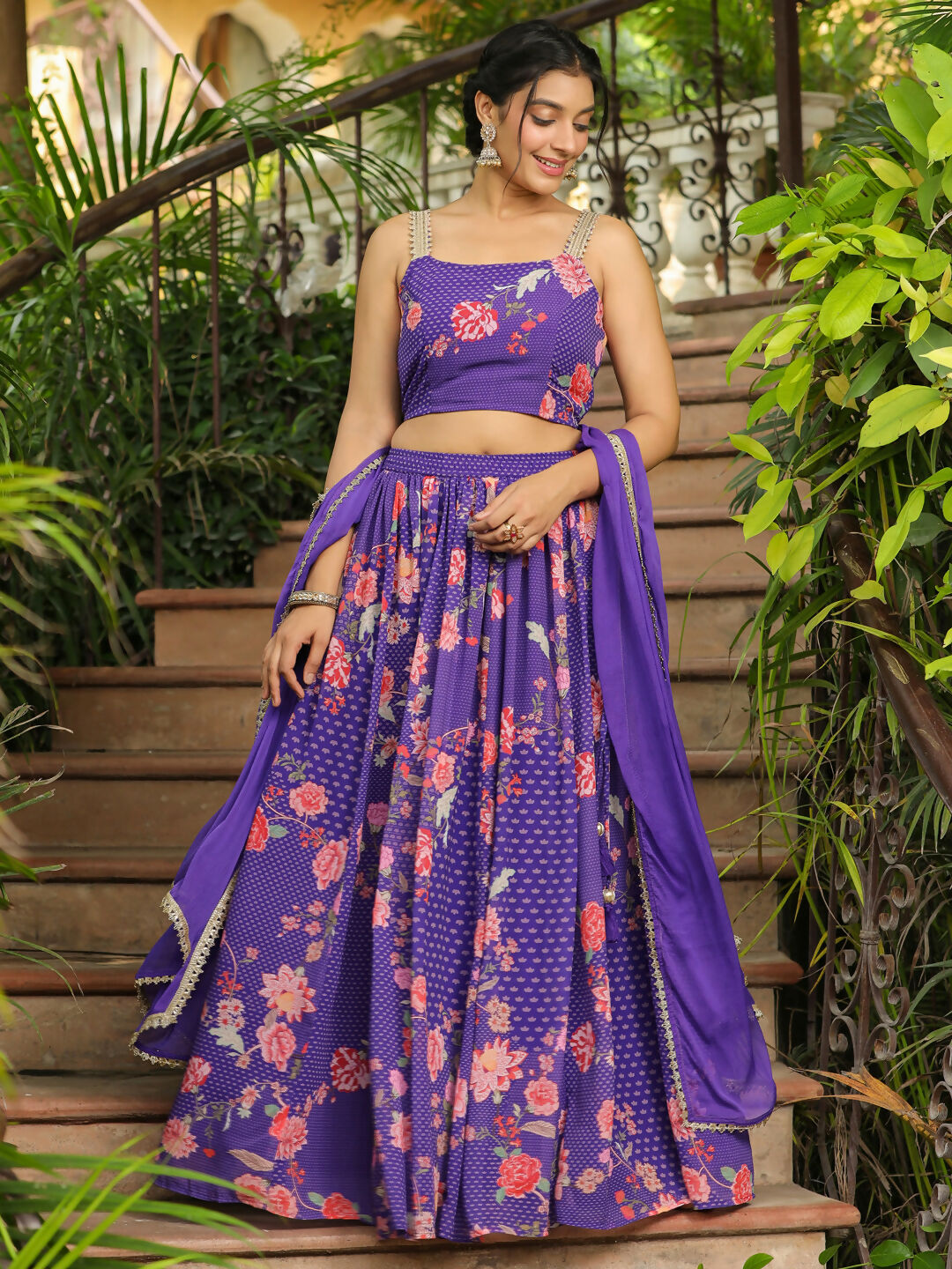 Janasya Purple Georgette Floral Lehenga Choli Dupatta | Grocsy