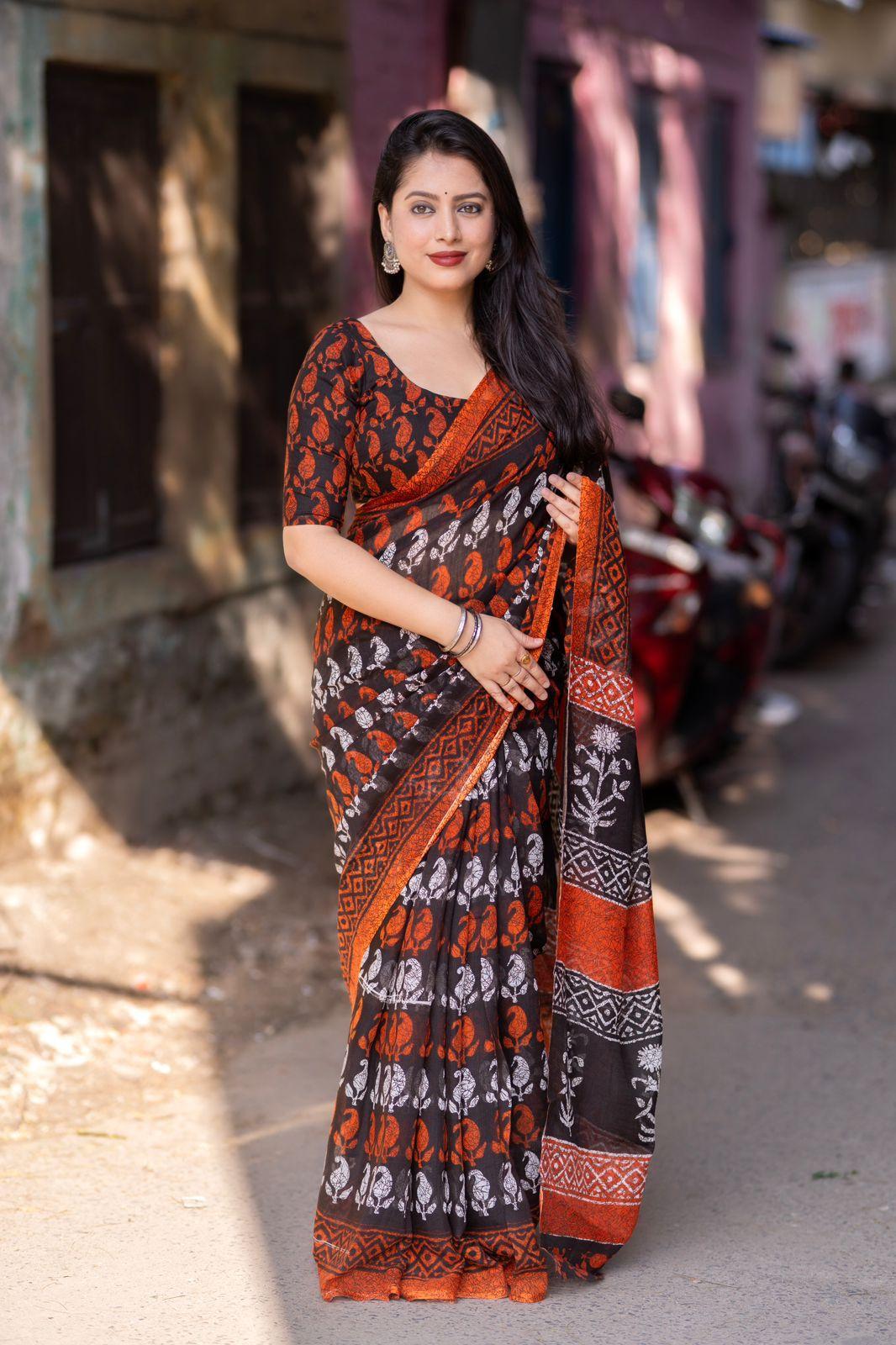 Orange Linen Blend Ethnic Motifs Saree with Unstitched Blouse - A2M | Grocsy