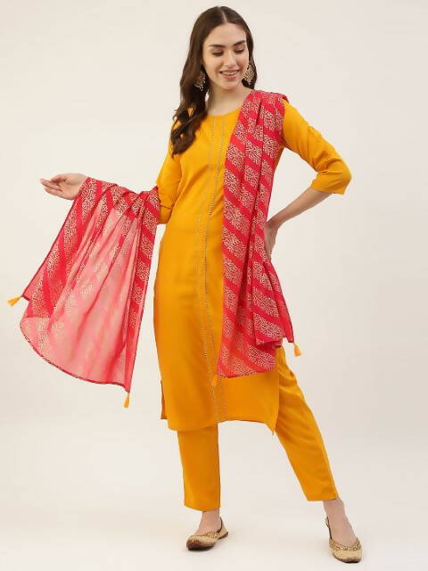 FIORRA Women's Yellow Poly Crepe Straight Kurta Pant With Dupatta | Grocsy