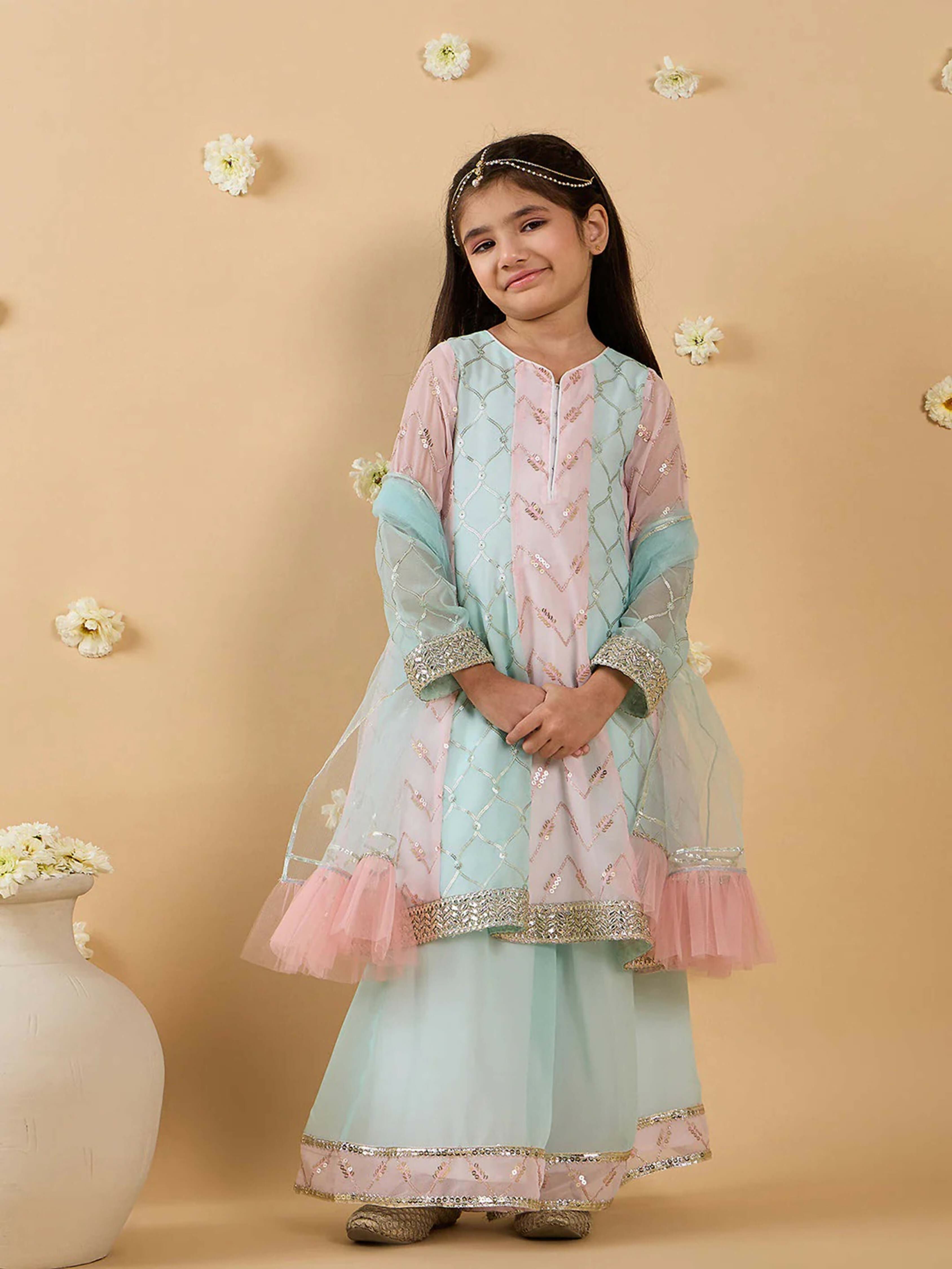 Joban Fashion Girl's Baby Pink & Sky Blue Color Lehenga Choli | Grocsy