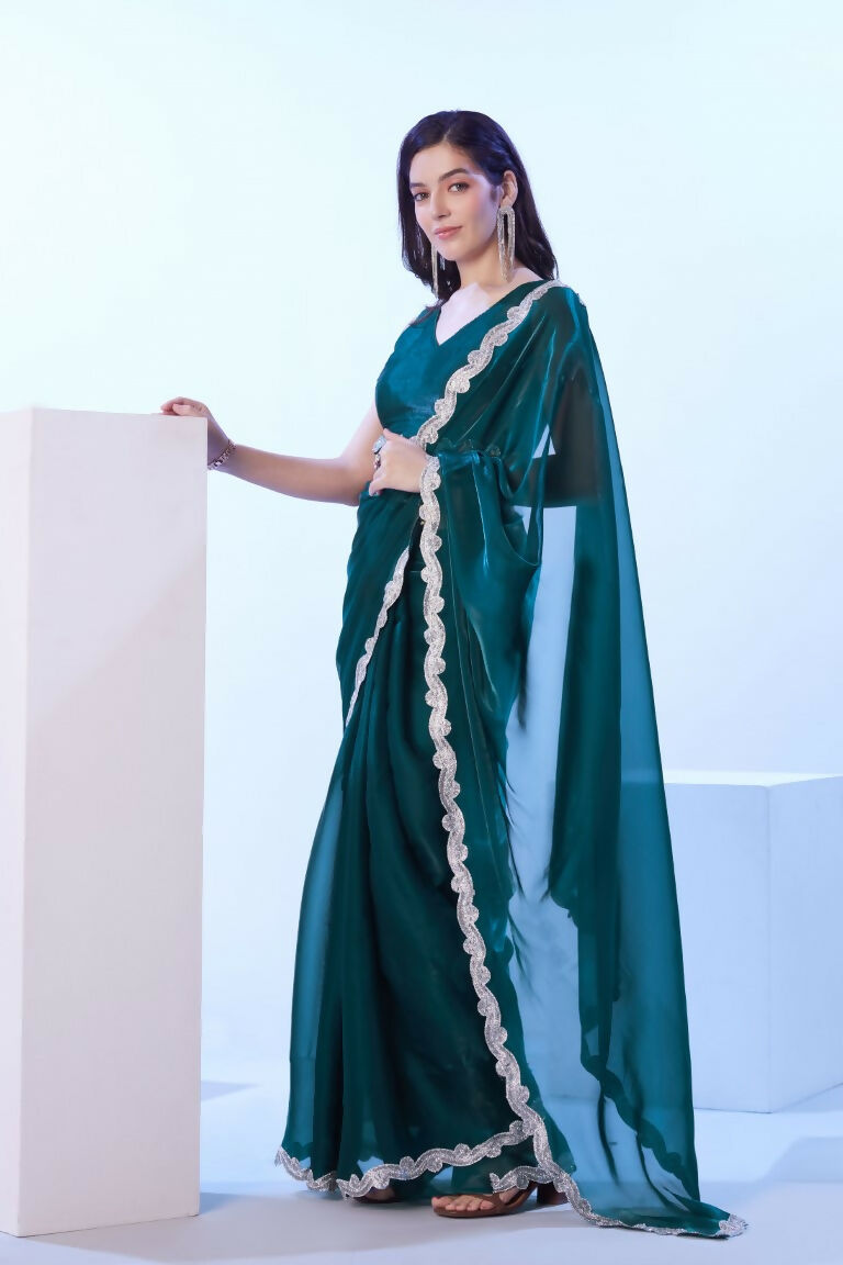 Teal Blue Satin Jimmy Choo Solid Designer & Lace Work Saree - Samaa | Grocsy