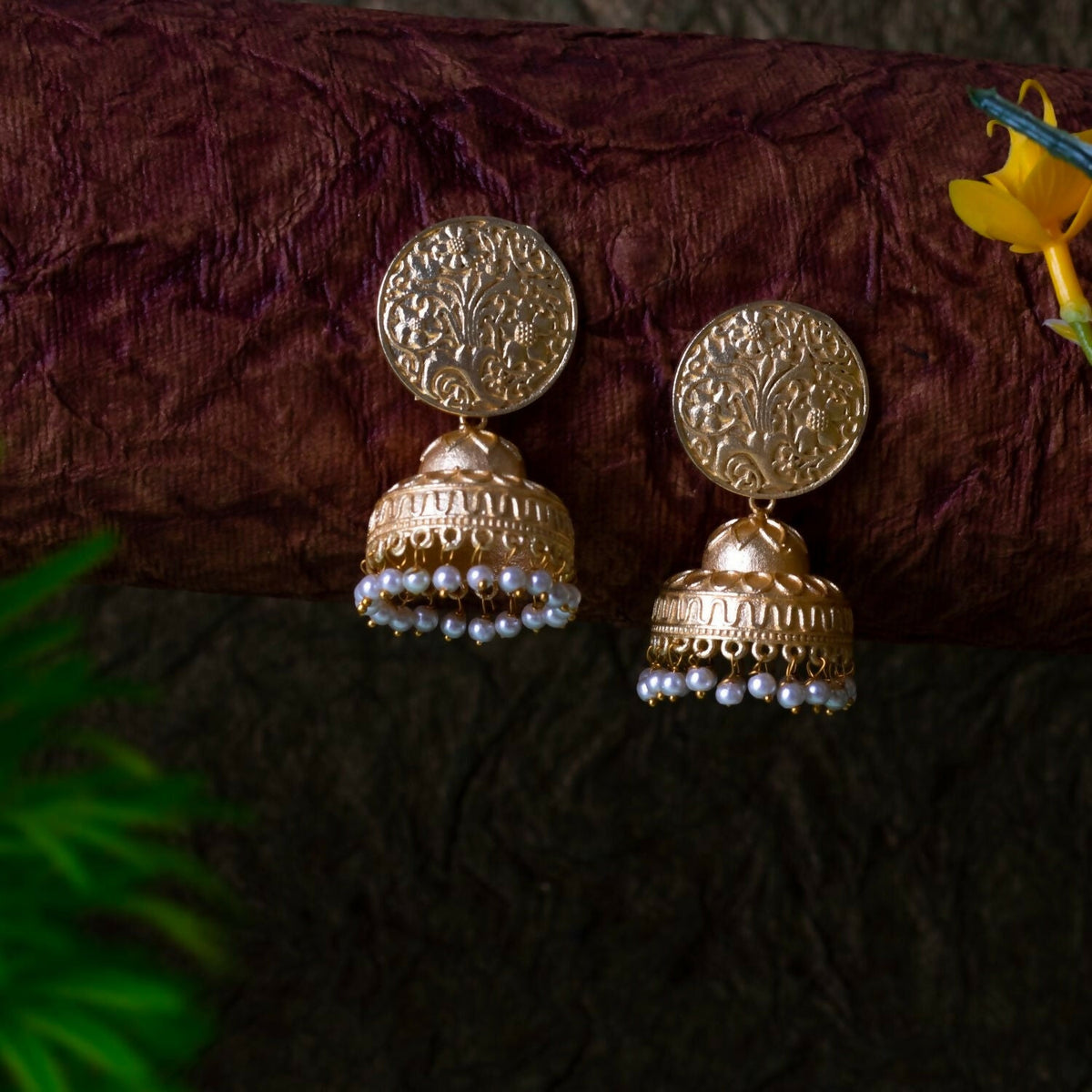 Joban Fashion Women Matte Gold Brass Jhumka | Grocsy