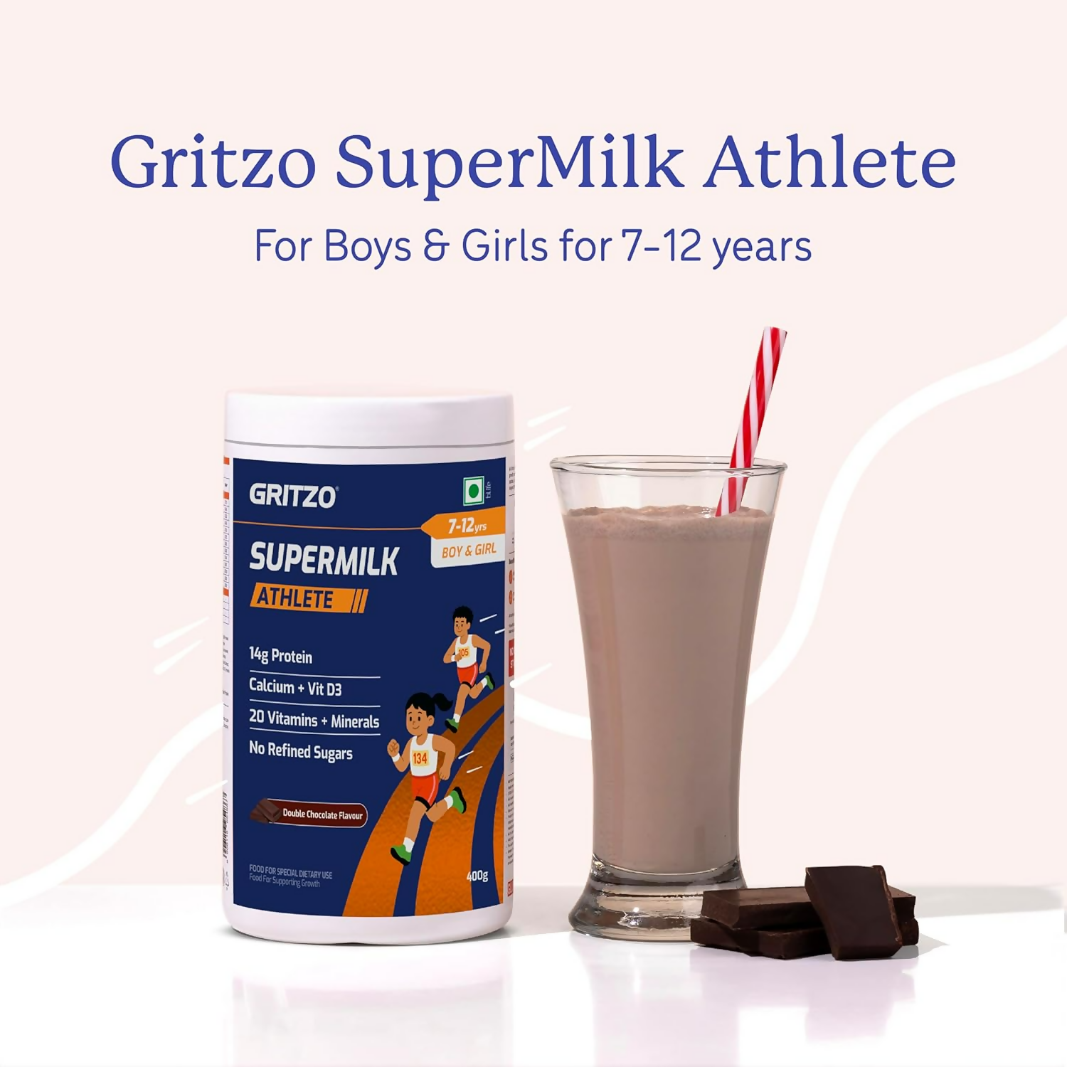 Gritzo SuperMilk Athlete (7-12y Boy & Girl), 14g Protein Powder (Double Chocolate) | Grocsy