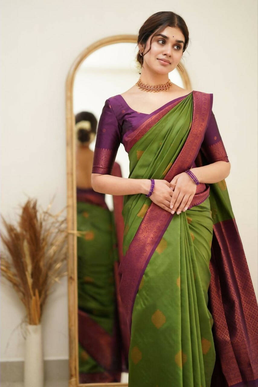 DEIANA'S Beautiful Designer Golden zari Soft Lichi Silk Saree - Mehndi | Grocsy
