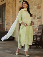 Juniper Women's Lime Green Cambric Floral Print Kurta Straight Pant And Duptta Sets | Grocsy