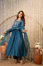The52 Women's Beautiful Embroidery Work Chanderi Silk Fabric Flared Kurta Pant and Dupatta Set | Grocsy