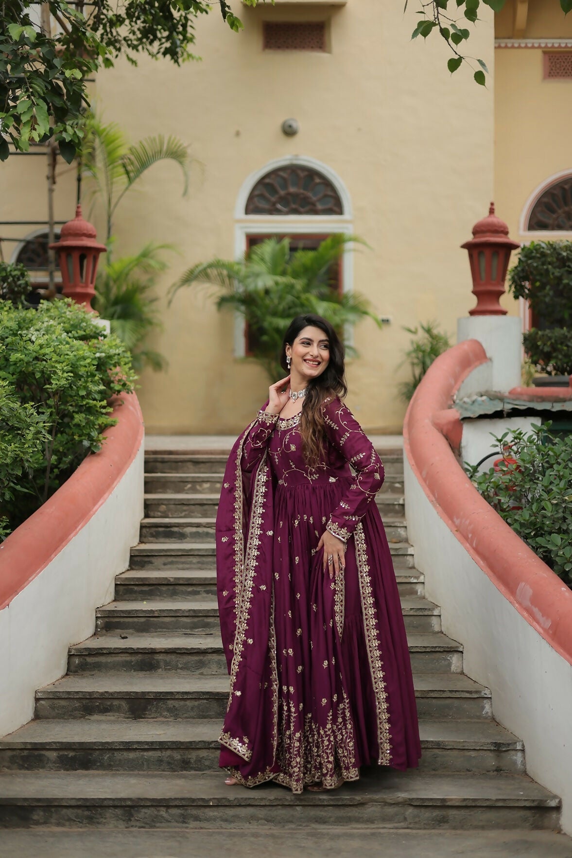 Joban Fashion Wine chinon Sequence Embroidery Work Kurta Set | Grocsy