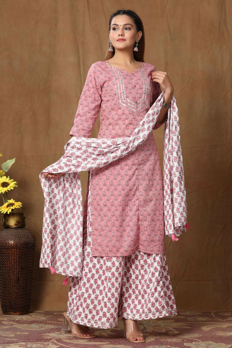 Miravan Women's Cotton Kurta With Palazzo & Dupatta Set | Grocsy