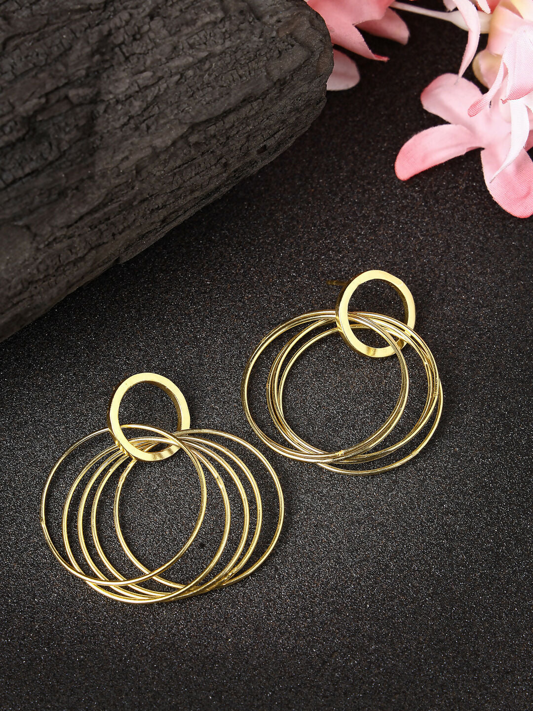 NVR Women Golden Linked Round Circle Attached Drop Earrings | Grocsy