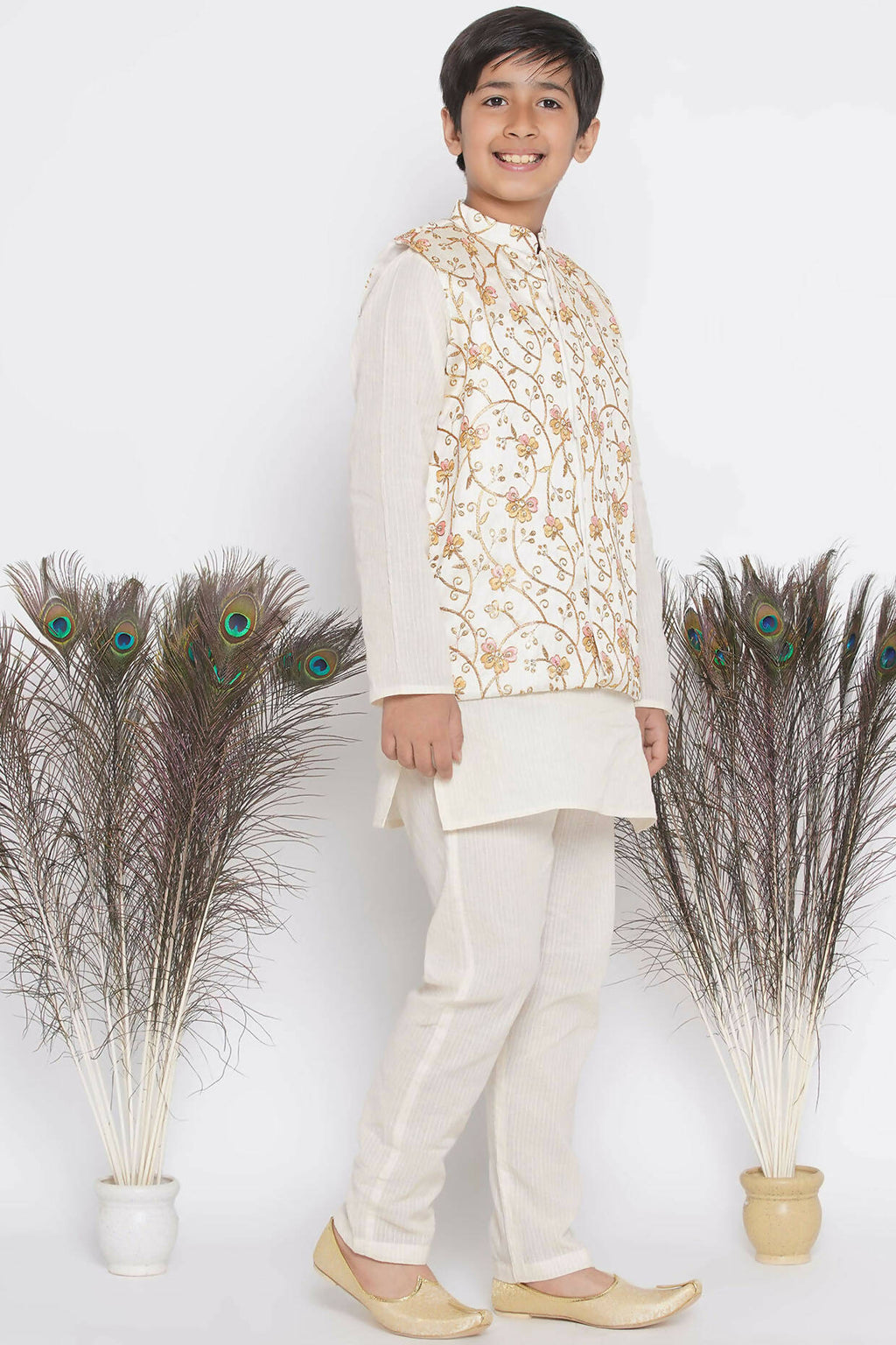 Little Bansi Banarsi Silk Orange Pink Floral Embroidery Jacket with Cotton Kantha kurta and Kantha Pyjama - Cream | Grocsy