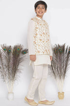 Little Bansi Banarsi Silk Orange Pink Floral Embroidery Jacket with Cotton Kantha kurta and Kantha Pyjama - Cream | Grocsy