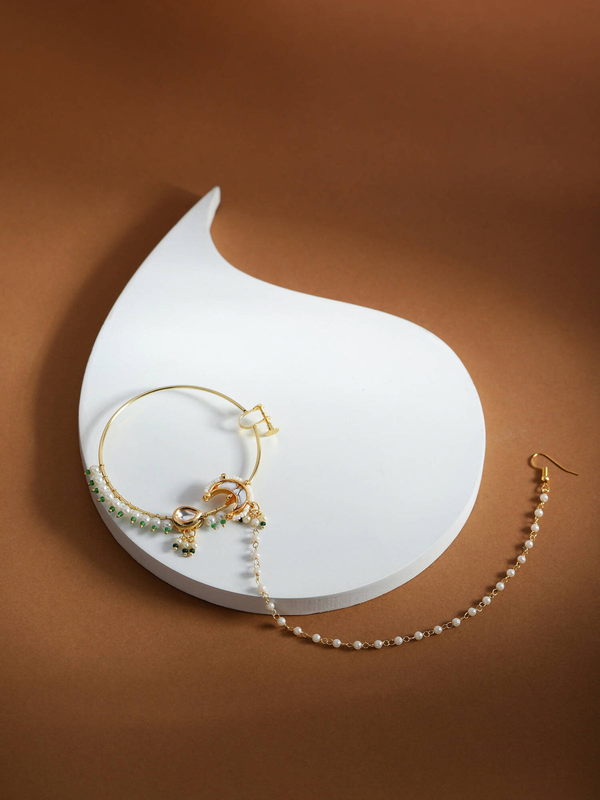 Gold-Polished White Green Kundan-Studded Pearl Beaded Nosepin - Ruby Raang | Grocsy