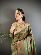 Joban Fashion Mehendi Green Peacock & Floral Motifs Soft Lichi Silk Kanchipuram Saree | Grocsy