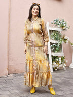 Mustard Crepe Foil Printed Long Dress - Michan | Grocsy