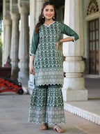 Juniper Women's Green Chinnon Embroidered Kurta Garara Set | Grocsy