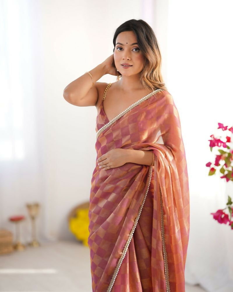 NC Chiffon Chex Wevon Chex Designer, Lace Party Wear Saree - Rust | Grocsy