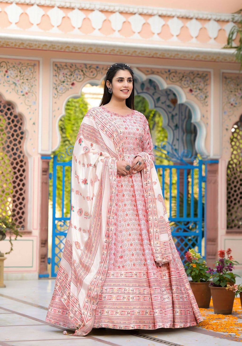 Functional Designer Off White-Light Pink Dola Silk Anarkali suit with Dupatta - Ramya | Grocsy
