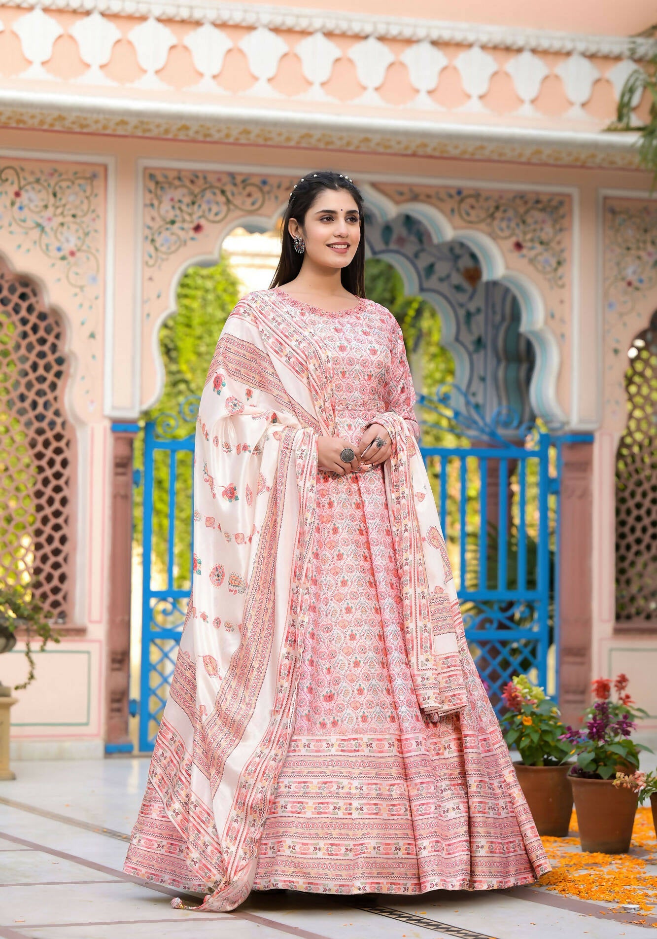 Functional Designer Off White-Light Pink Dola Silk Anarkali suit with Dupatta - Ramya | Grocsy