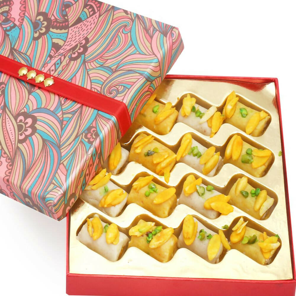 Ghasitaram Mini Assorted Kaju Rolls in Pink Box | Grocsy